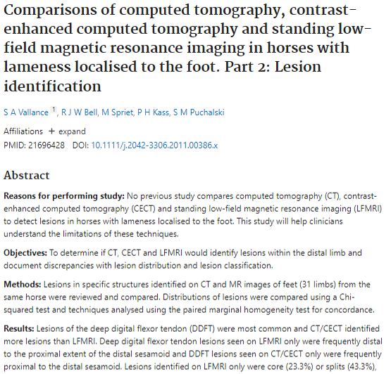 Comparisons of computed tomography, contrast-enhanced computed tomography and standing low-field magnetic resonance imaging in horses with lameness localised to the foot. Part 2: Lesion identification