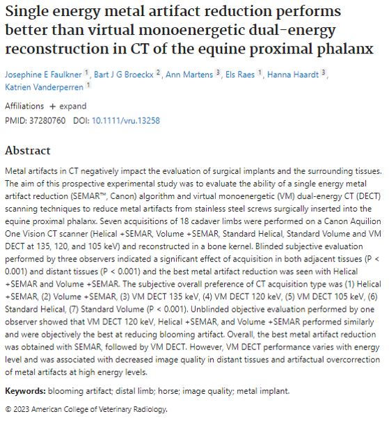 Single energy metal artifact reduction performs better than virtual monoenergetic dual-energy reconstruction in CT of the equine proximal phalanx