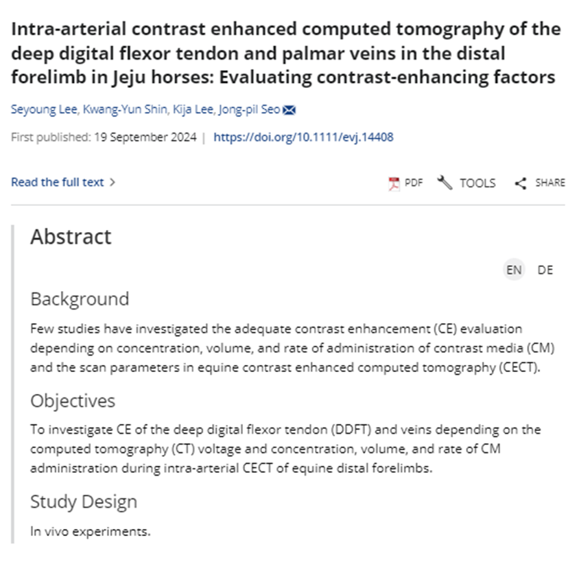 Intra-arterial contrast enhanced computed tomography of the deep digital flexor tendon and palmar veins in the distal forelimb in Jeju horses: Evaluating contrast-enhancing factors