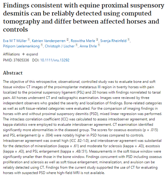 Findings consistent with equine proximal suspensory desmitis can be reliably detected using computed tomography and differ between affected horses and controls