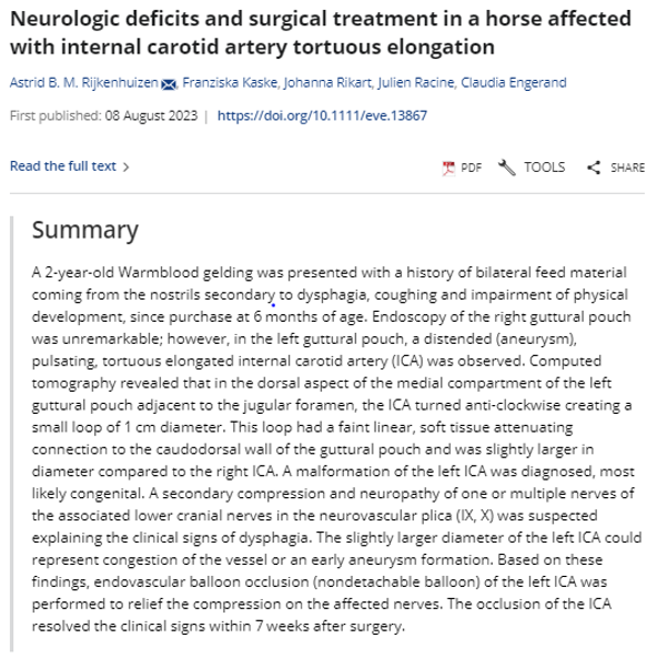 Neurologic deficits and surgical treatment in a horse affected with internal carotid artery tortuous elongation